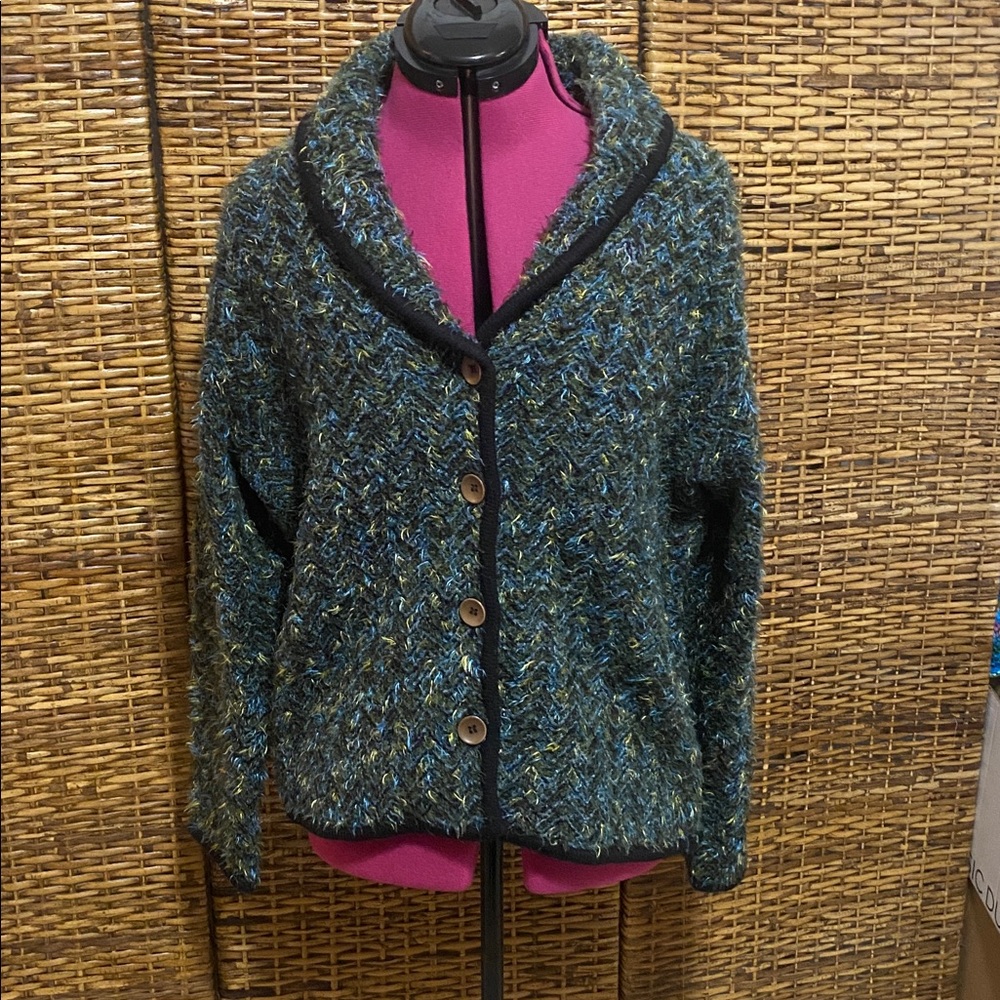 EUC Carole Little Green, blue, yellow, black trim Wool blend jacket sweater L